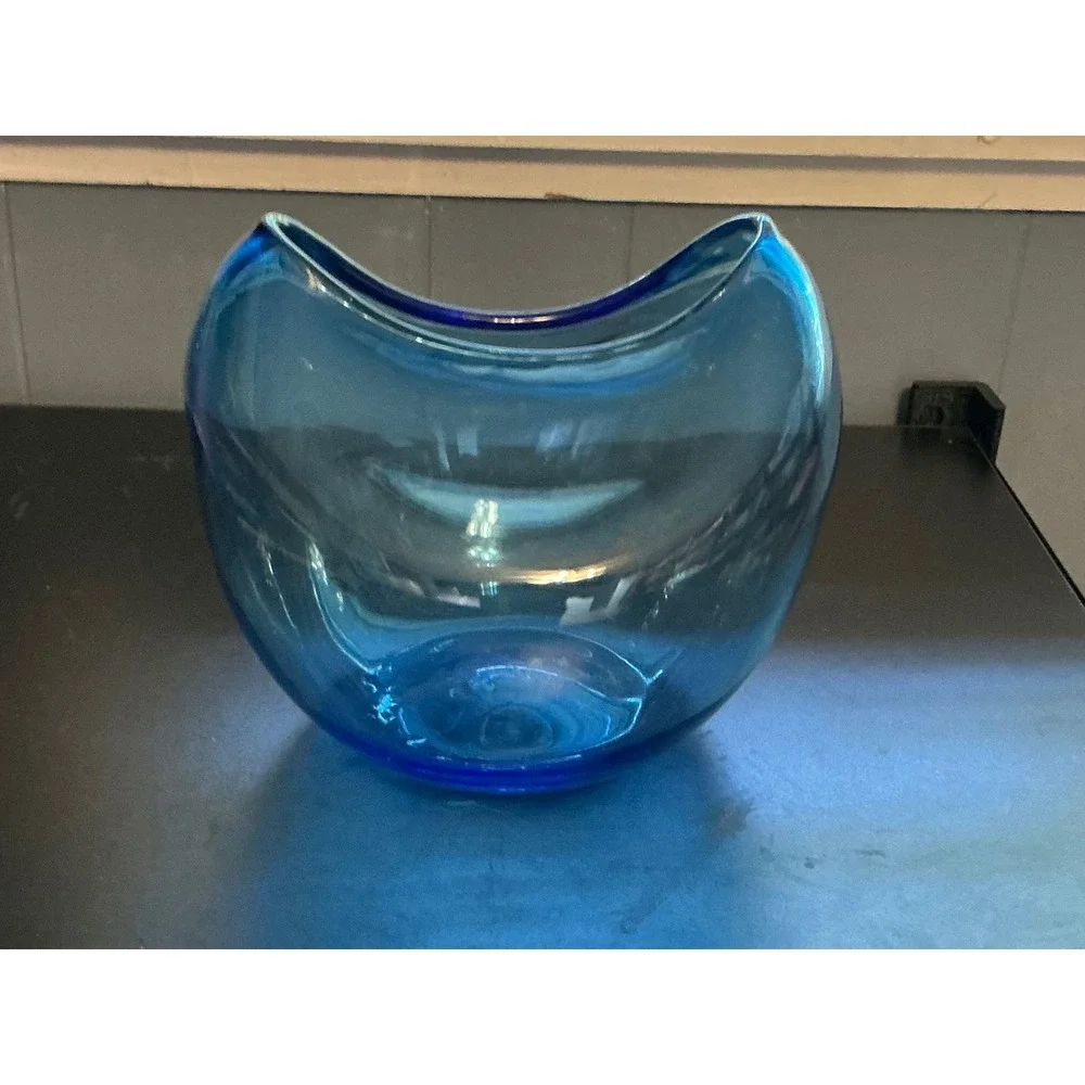 Blue Hand Blown Art Glass Crescent U-Shaped Sculptural Vase Centerpiece 9.5in